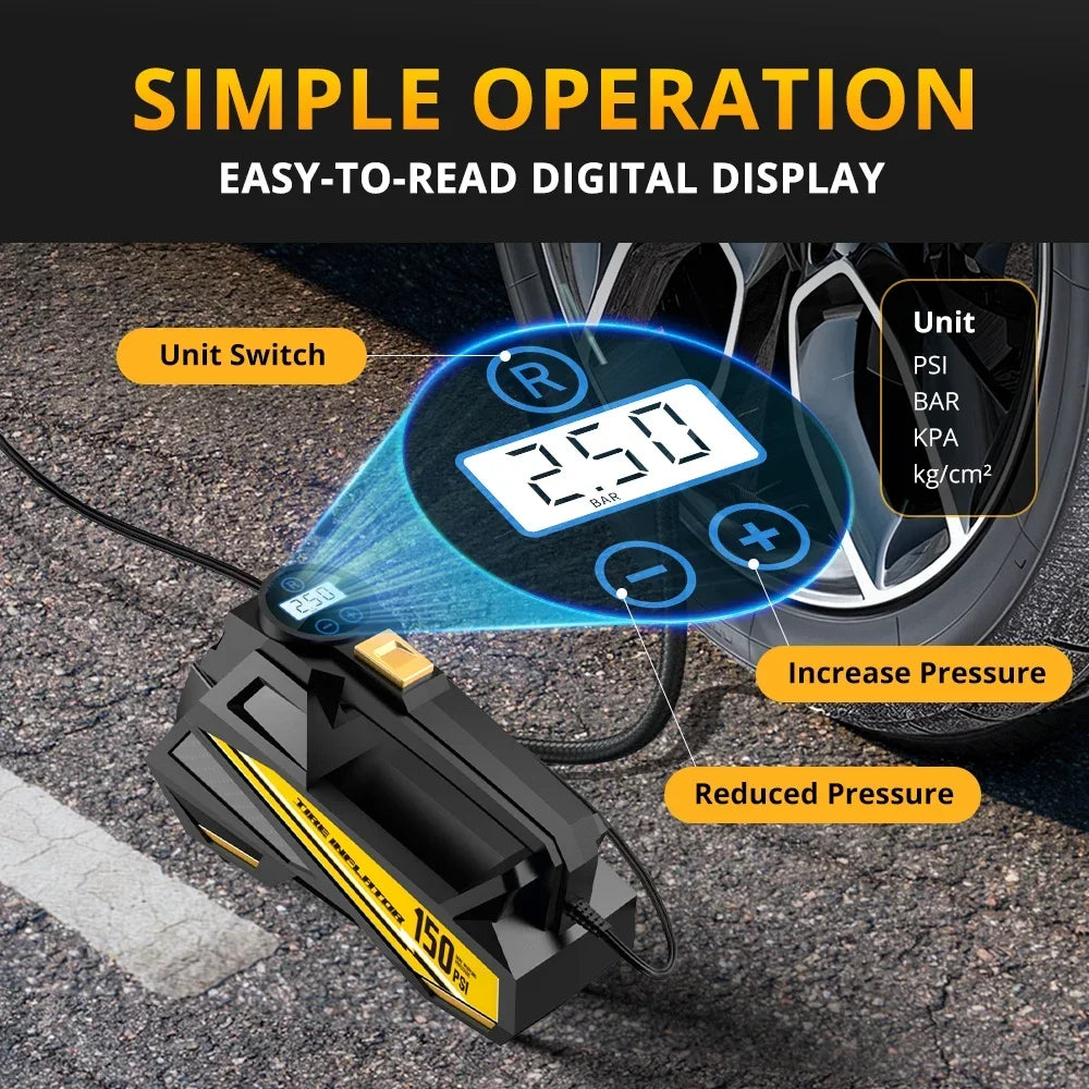 Gonfleur de Pneus Portable 12V – Compresseur avec Lumière LED pour Voiture