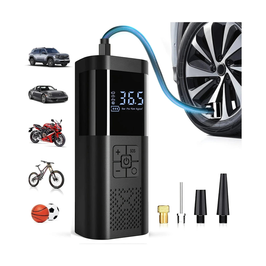 Compresseur d'air portable 150
PSI noir - compatible voiture, moto, vélo et ballons avec accessoires
