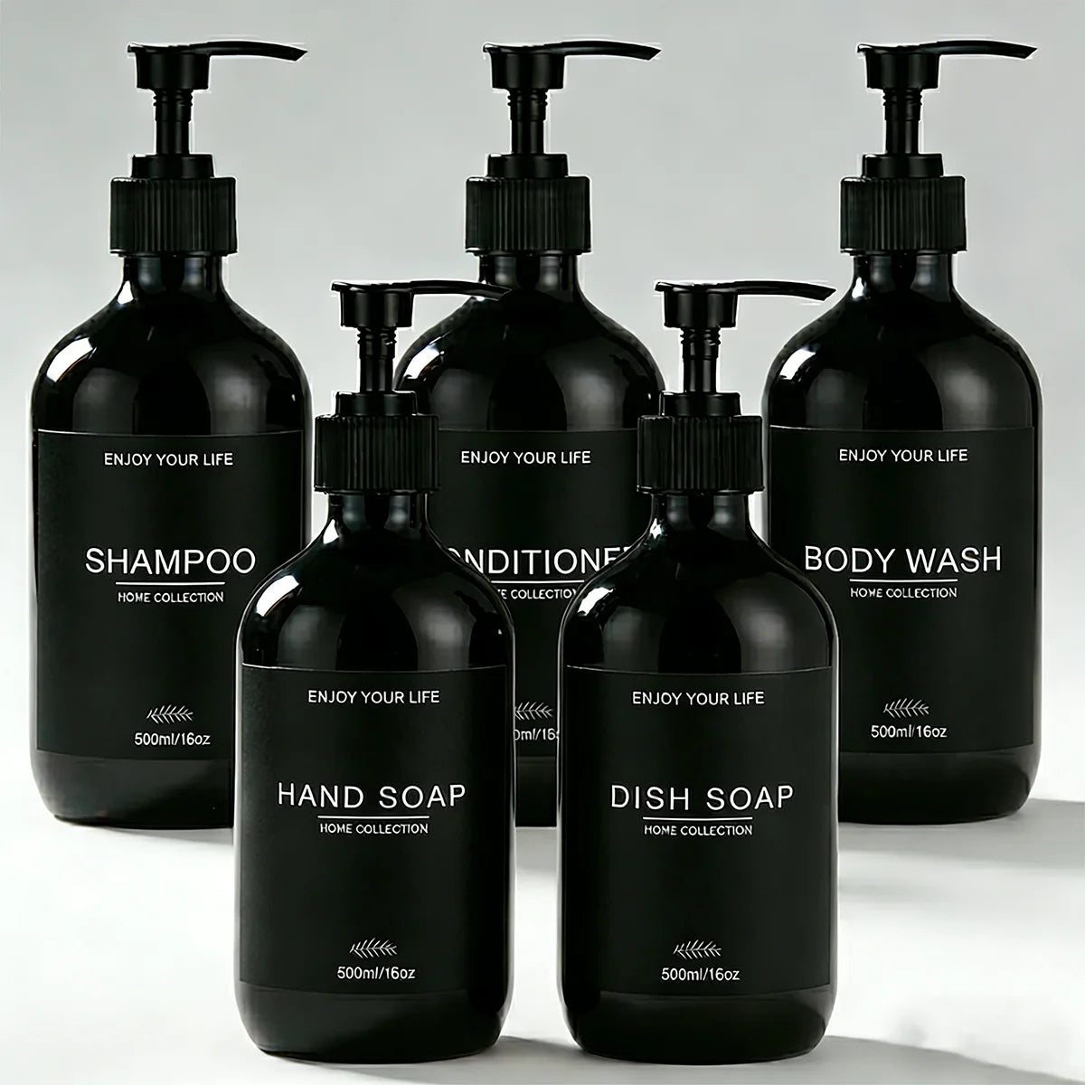 Set 5 distributeurs muraux noirs 500ml – shampoing, après-shampoing, gel douche, savon mains et vaisselle