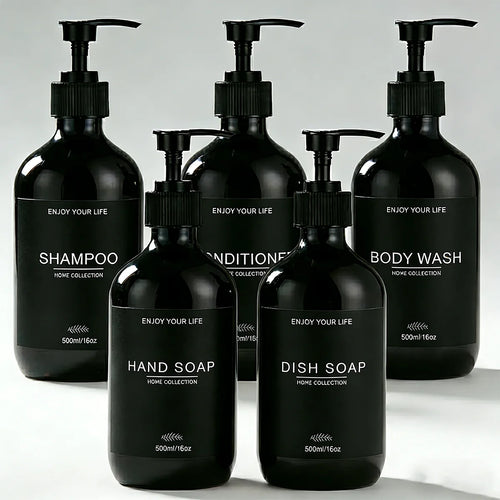 Set 5 distributeurs muraux noirs 500ml – shampoing, après-shampoing, gel douche, savon mains et vaisselle