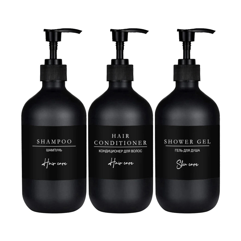 Set 3
distributeur
s noirs mat fond blanc - shampoing, après-shampoing et gel douche
500ml