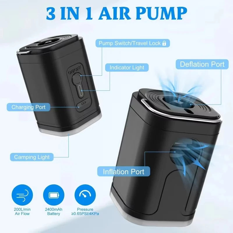 Mini pompe électrique portable utilisée comme lampe camping dans la nuit en forêt